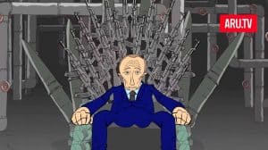 Cartoon showing Putin sitting on a throne made of weapons