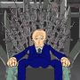Cartoon showing Putin sitting on a throne made of weapons