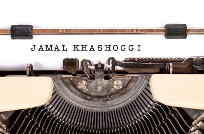 Typewriter with "Jamal Khashoggi" typed on sheet on paper