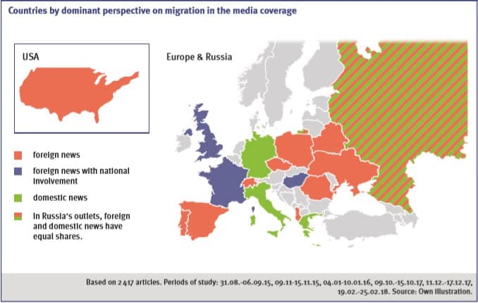 Map showing which countries treat migration as foreign news and which as domestic news