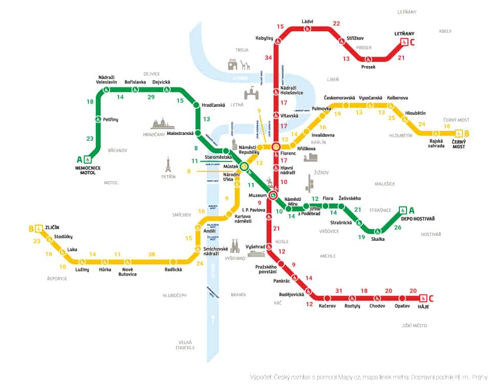 Map of Prague metro with walking times