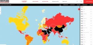 Map showing the relative rankings of different countries in Reporters Without Borders' 2018 World Press Freedom Index